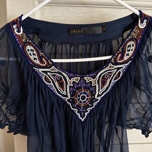 Silk Navy Sheer Top with Embroidered Neckline Beaded
